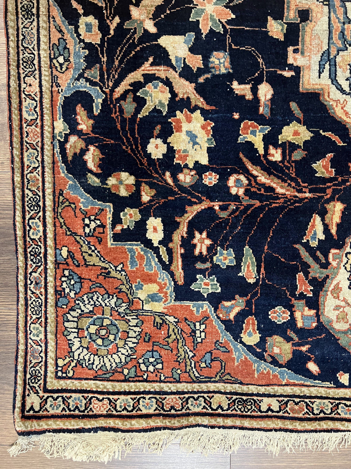 Antique Persian Rug 3.5 x 5, Sarouk Farahan Rug, High Quality 1920s Fine Oriental Carpet 3 x 5 ft, Large Medallion, Floral, Navy Blue Red, Hand Knotted Wool Rug - Jewel Rugs, view 8