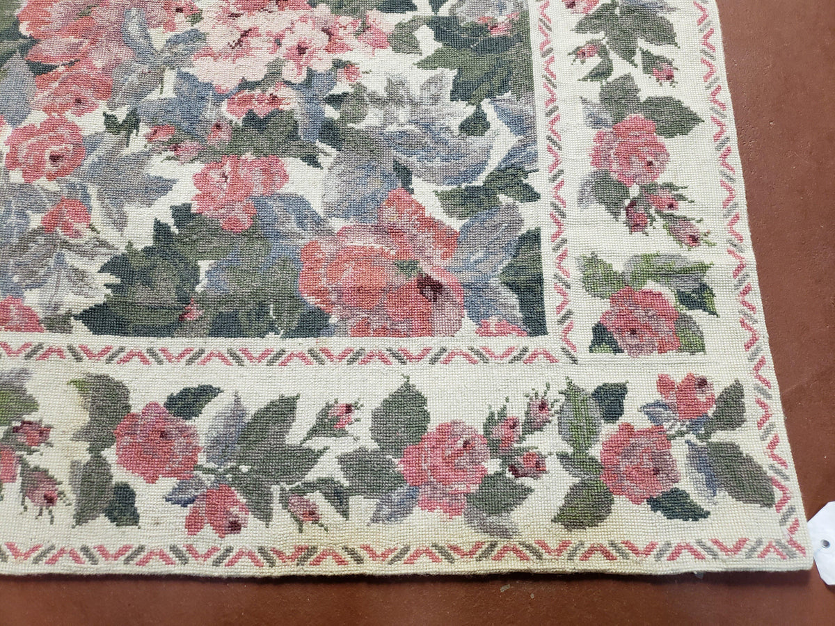 5x8 Needlepoint Rug 5' 4" x 8' 3" Wool Flat Weave Floral New Unused Carpet English Design Ivory Large Pink Flowers Green Leaves Hand-Knotted - Jewel Rugs, view 10