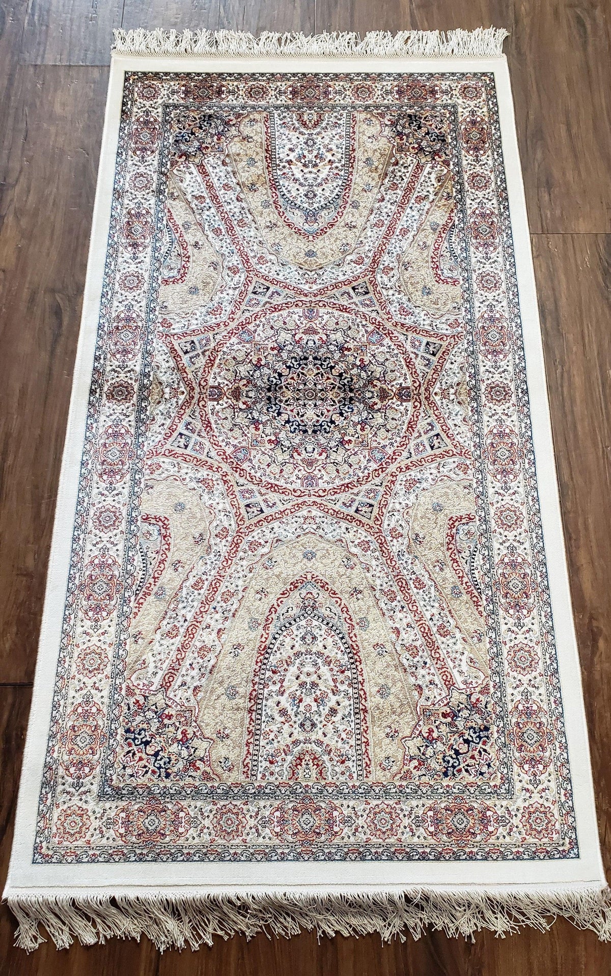 Beige & Cream Small Turkish Silk Rug, Bamboo Silk, Power-Loomed, Persian Design, High Quality, Soft Accent Rug, 3x5 ft, 2' 8" x 4' 11" - Jewel Rugs, view 2