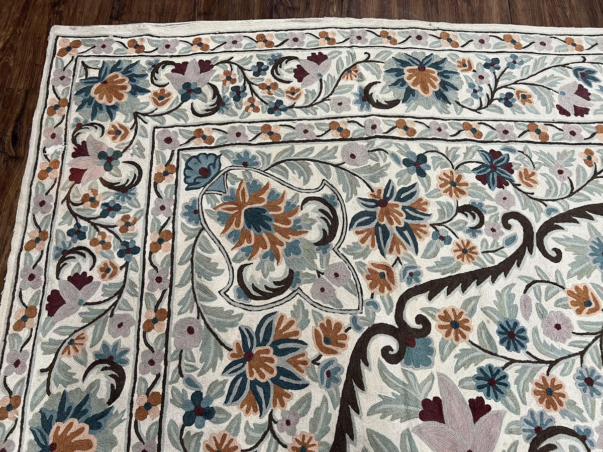 Chain Stitched Rug 9x12 Vintage Carpet 9 x 12 Flatweave Rug, Ivory Teal Rug, Area Rug 9 by 12, Hand Stitched Rug, Medallion, Indian Rug - Jewel Rugs, view 7