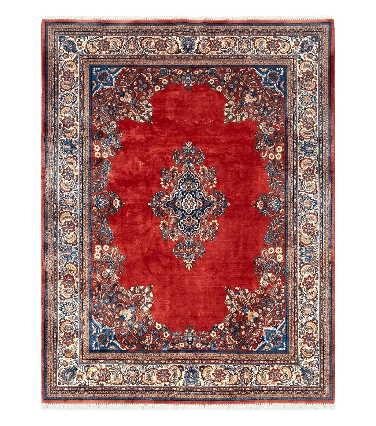 Semi Antique Persian Sarouk Rug 9x12,  Semi Open Field with Central Medallion, Hand Knotted Wool, Tomato Red, 9 x 12 Authentic Oriental Carpet - Jewel Rugs