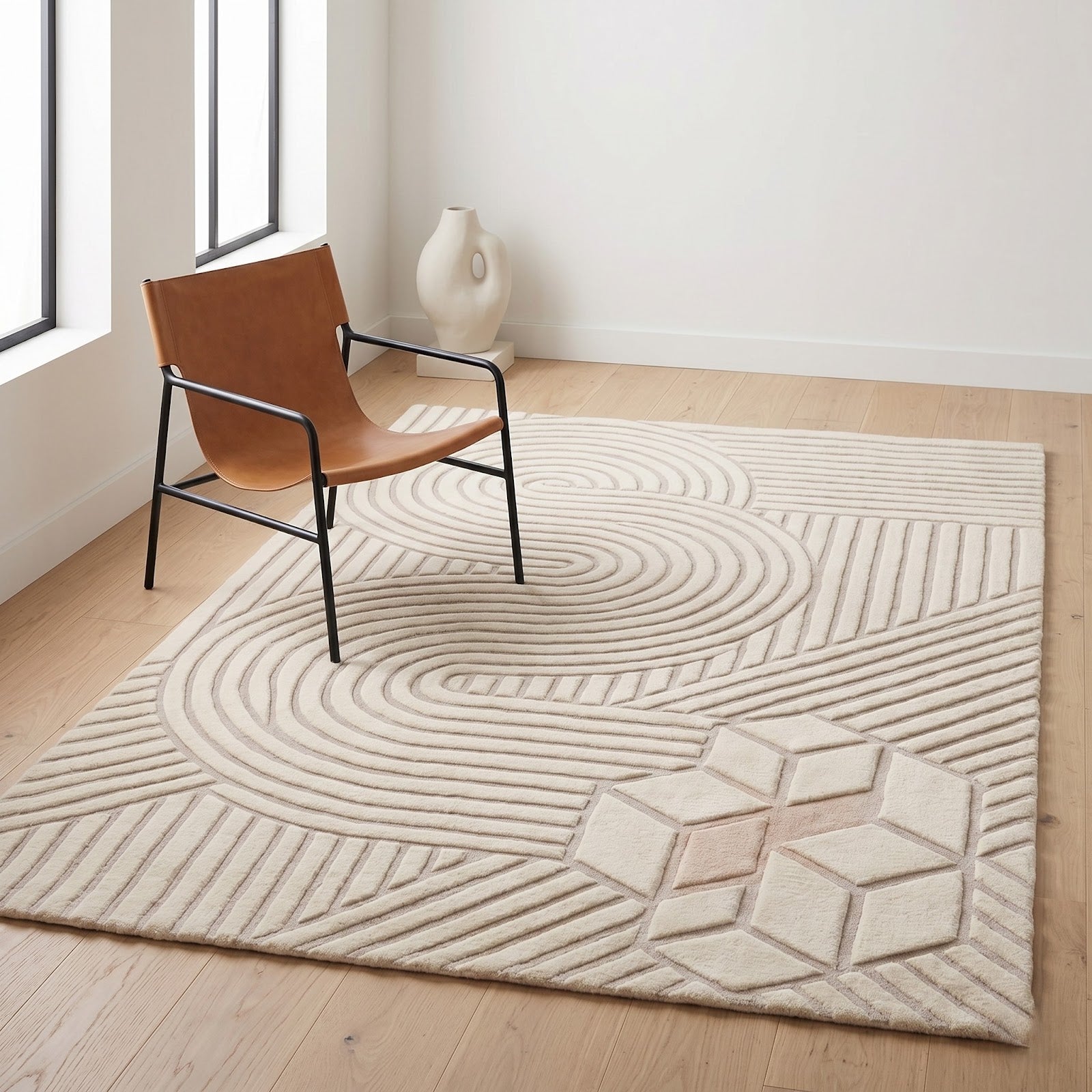 Modern Geometric Hand Tufted Wool Rug | Ivory Minimalist Abstract Line Art Area Rug — 2x3 ft'