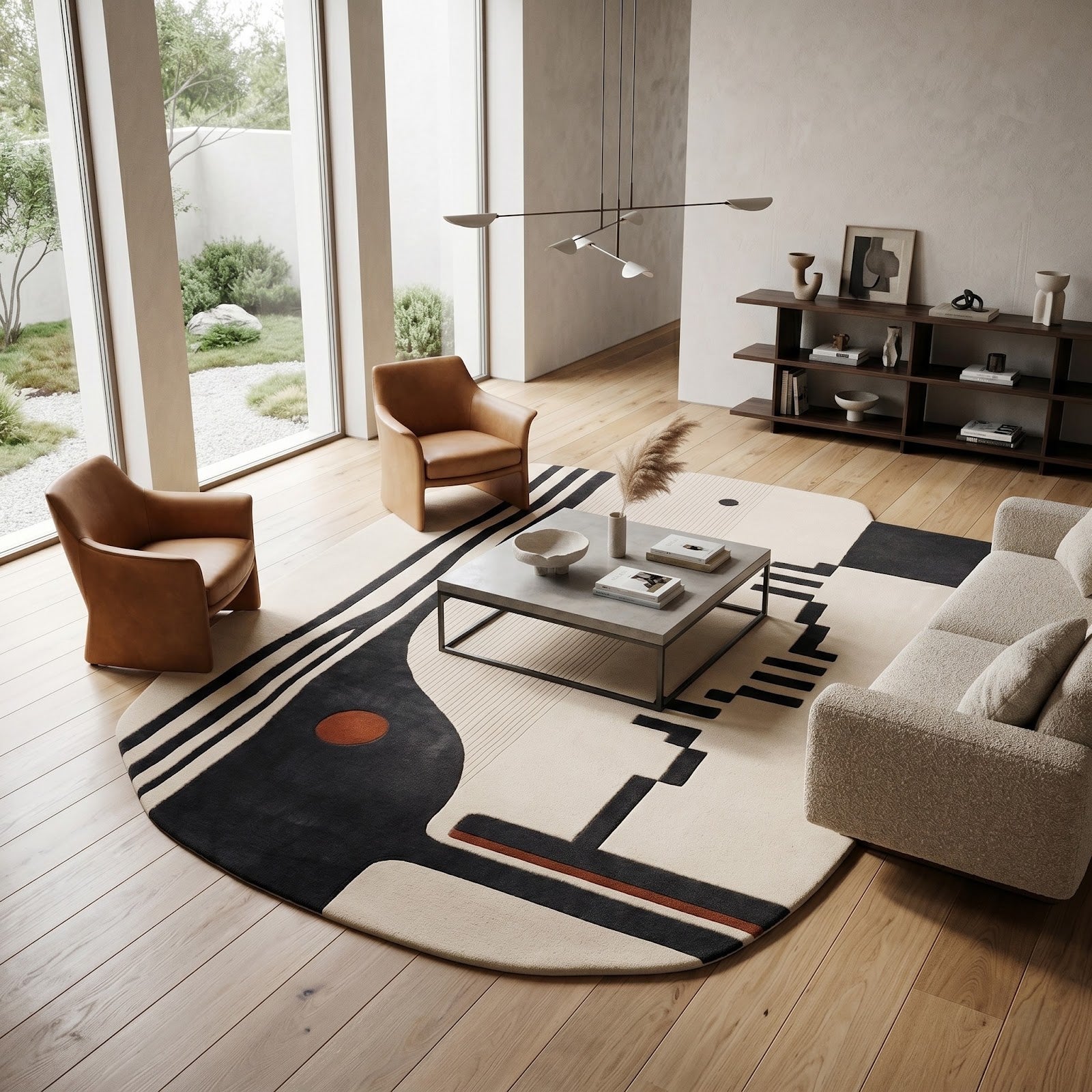 Architectural Abstract Hand Tufted Wool Rug | Ivory, Charcoal & Rust Modern Irregular Area Rug — 2x3 ft'