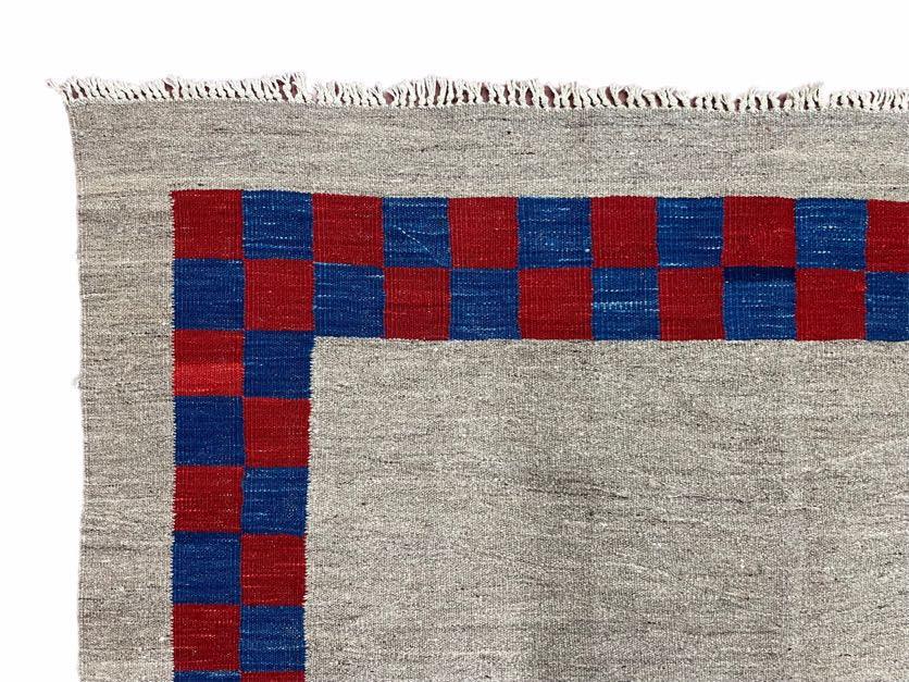 5' 7" x 7' 9" Geometric Kilim Carpet, Gray, Handmade, Hand-Knotted Area Rug, Blue & Red, Flatweave, Wool, New, Checkerboard Pattern - Jewel Rugs, view 8