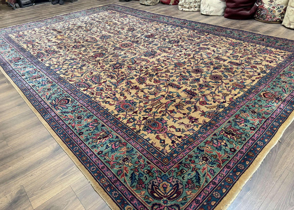 Antique Persian Rug 10x15, Camel and Cyan, Allover Pattern, Rare, Samarkand Rug - Jewel Rugs, view 12