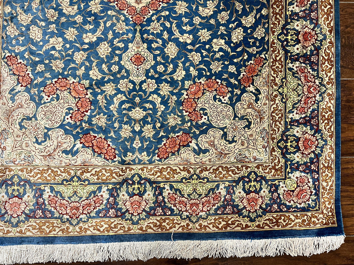 Magnificent Persian Qum Silk Rug 3x5, Blue, Super Fine 675 KPSI - 70 Raj, Floral Roses, Handmade Vintage Silk Carpet, Masterpiece - Jewel Rugs, view 9