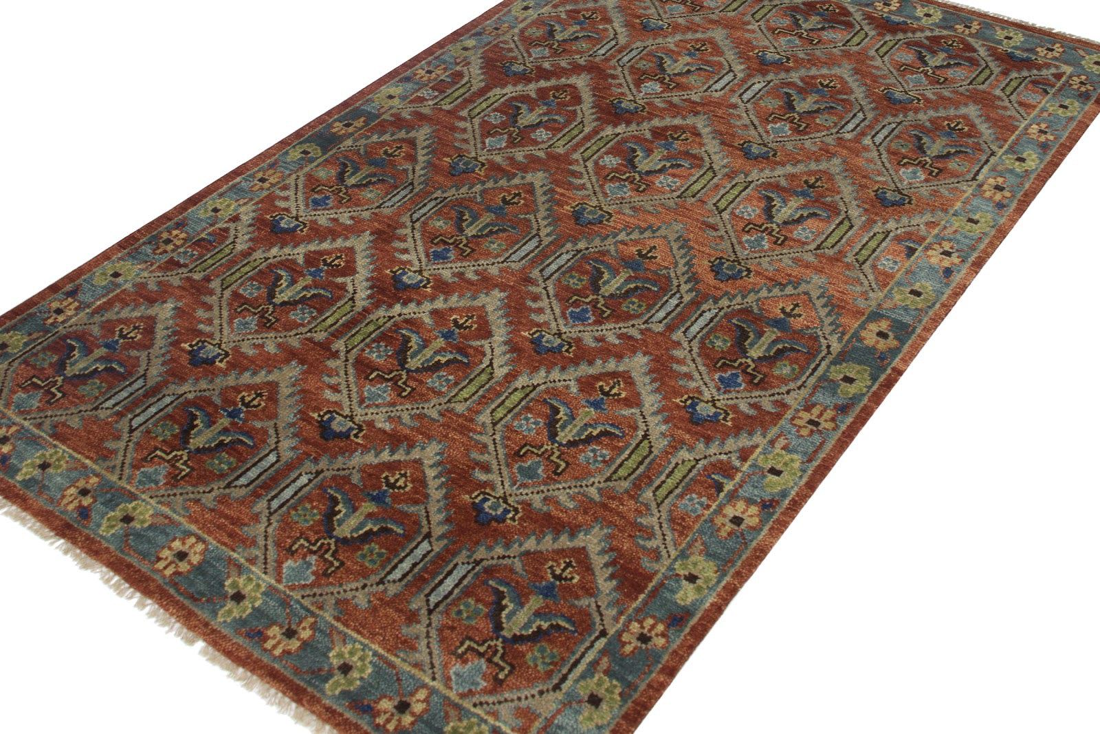 Tribal Geometric Hand Knotted New Zealand Wool Rug | Rust & Blue Diamond Pattern Area Rug — 2x3 ft'