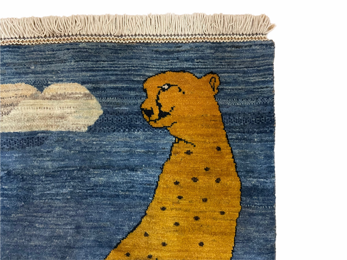 3 x 5 Handmade New Vintage Wool Blue Rug Leopard Lion Jaguar Deer Organic Dyes - Jewel Rugs, view 8