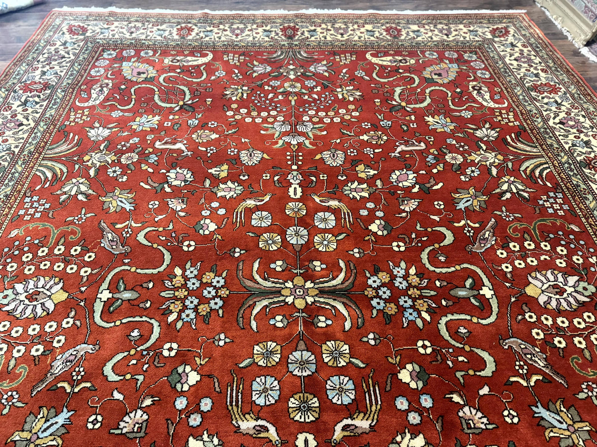 Romanian Rug 10x13, Vintage Handmade Wool Carpet, Floral Pattern, Birds, Red and Cream, Signed By Masterweaver, Persian Rug - Jewel Rugs, view 12