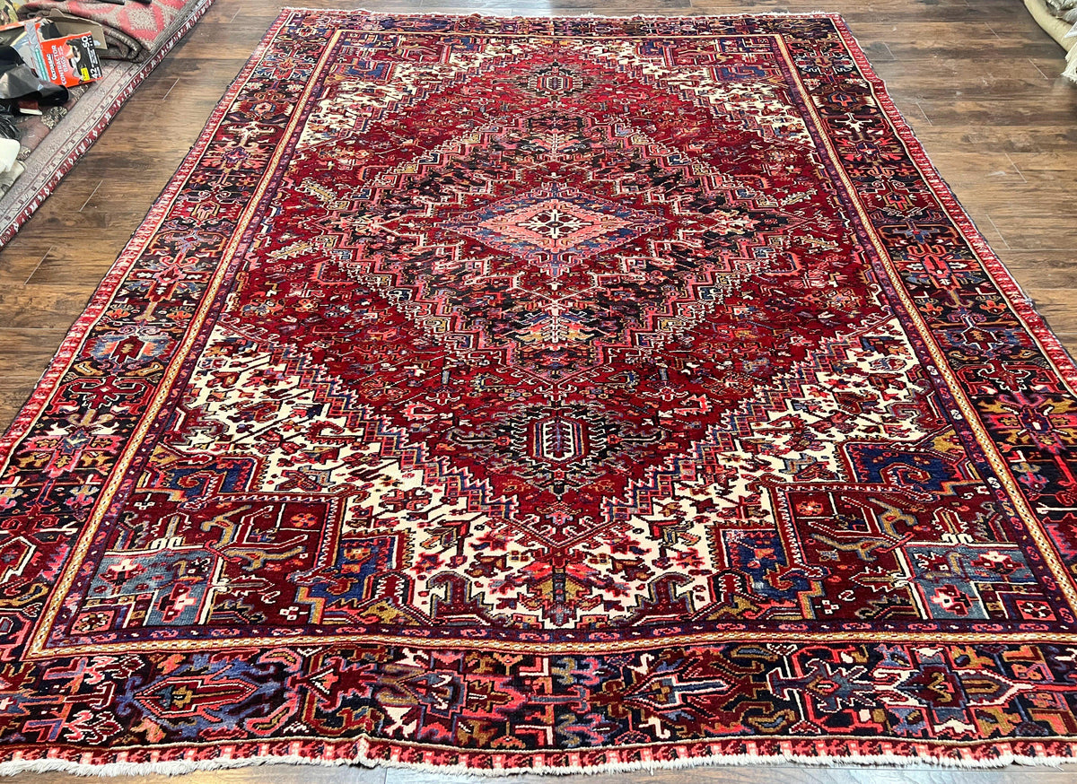 Persian Heriz Rug 9x11 ft, Geometric Rug 9 x 11, Red Room Sized Semi Antique Vintage Wool Hand Knotted Oriental Carpet - Jewel Rugs, view 2