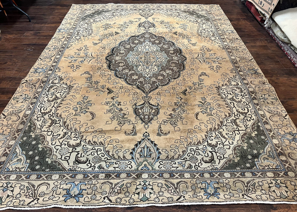 Antique Persian Tabriz Rug 9x12, Floral Medallion Rug, Hand-Knotted Wool Oriental Carpet, Room Sized Handmade Rug, 9 x 12 Vintage Farmhouse Rug - Jewel Rugs, view 2