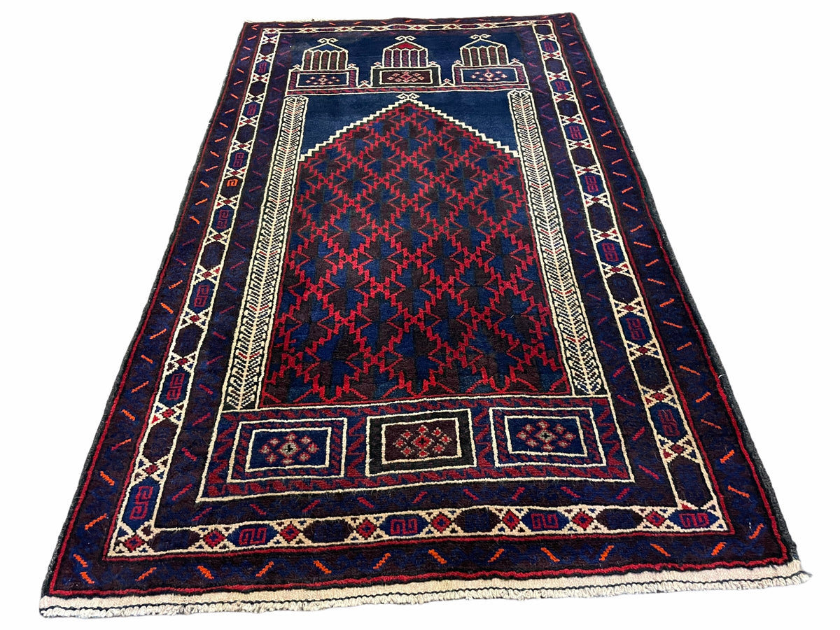 3x5 Vintage Handmade Tribal Wool Rug Balouchi Prayer Rug Afghan Rug Red Blue Wow - Jewel Rugs, view 13