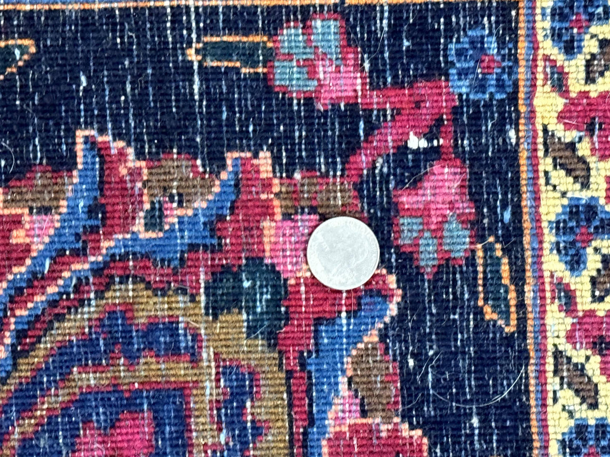 Palace Size Persian Mashad Rug 12x16, Raspberry and Navy Blue, Signature from Master Weaver, Antique Handmade Large Wool Carpet - Jewel Rugs, view 10