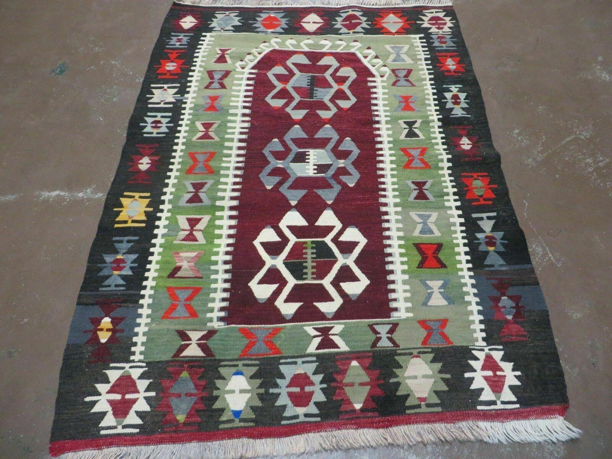 3' 8" X 5' Vintage Turkish Kilim Handmade Flat Weave Wool Rug Veg Dyes - Jewel Rugs, view 2