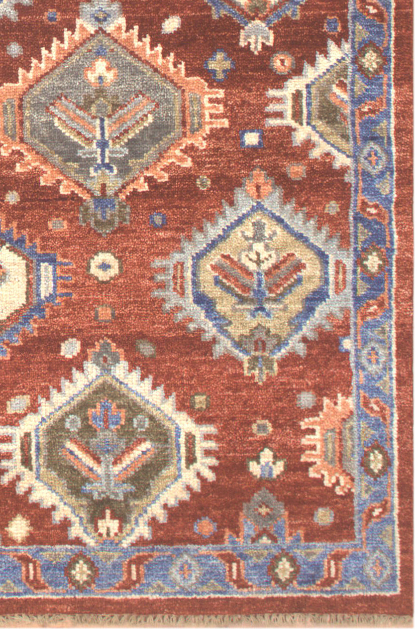 Traditional Tribal Hand Knotted New Zealand Wool Rug | Rust & Blue Geometric Diamond Area Rug — 2x3 ft'