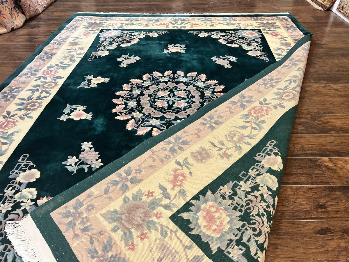 Chinese Art Deco Rug 9x12, Wool Hand Knotted Vintage Carpet, Dark Green & Cream, 90 Line Carving Rug - Jewel Rugs, view 12