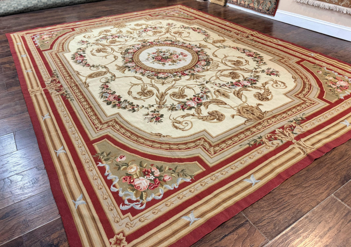 Aubusson Needlepoint Rug 9x11, Handmade Vintage Wool Flatweave Carpet, Elegant European Rug, Floral, Cream - Jewel Rugs, view 13