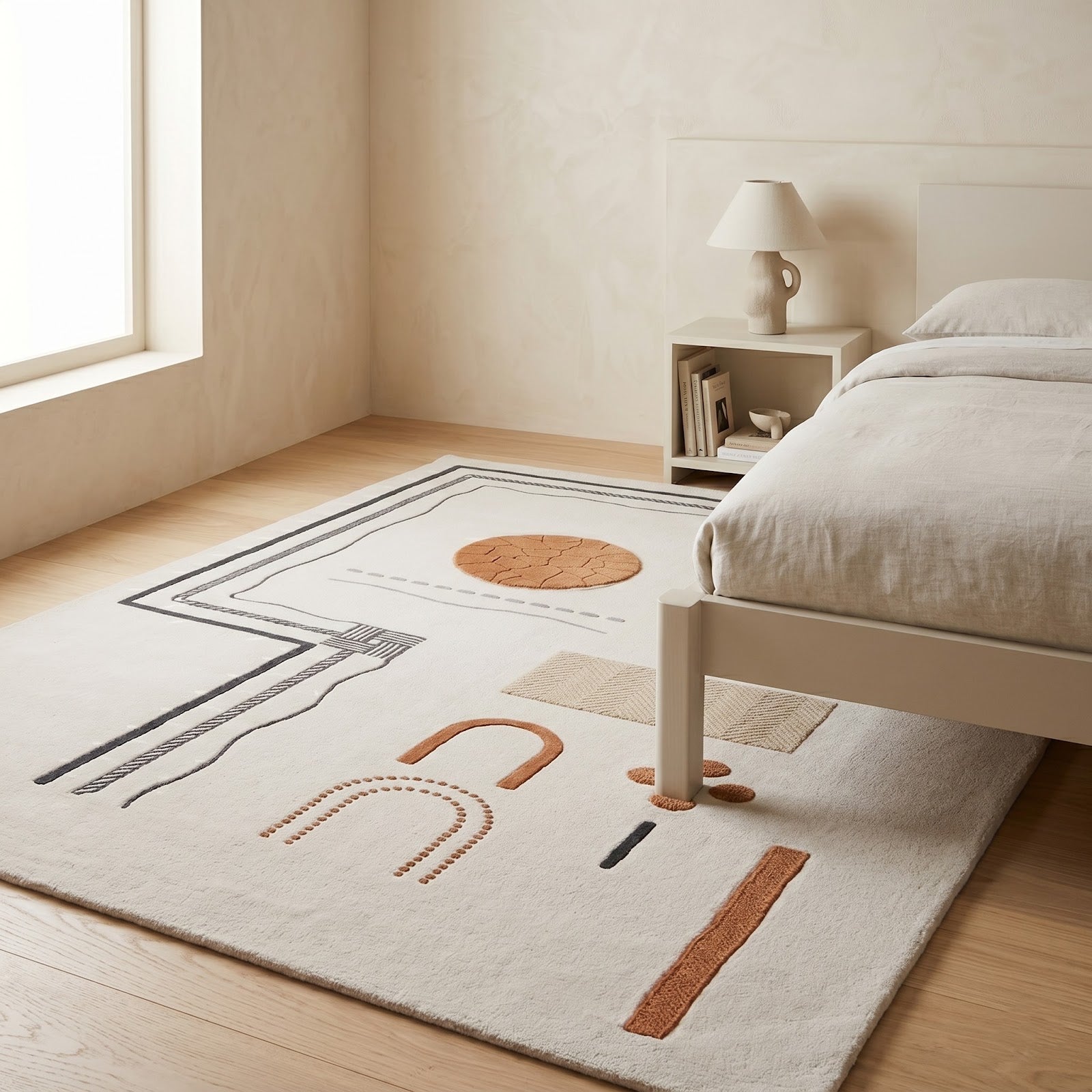 Modern Abstract Hand Tufted Wool Rug | Minimalist Geometric Ivory & Terracotta Contemporary Area Rug — 2x3 ft'