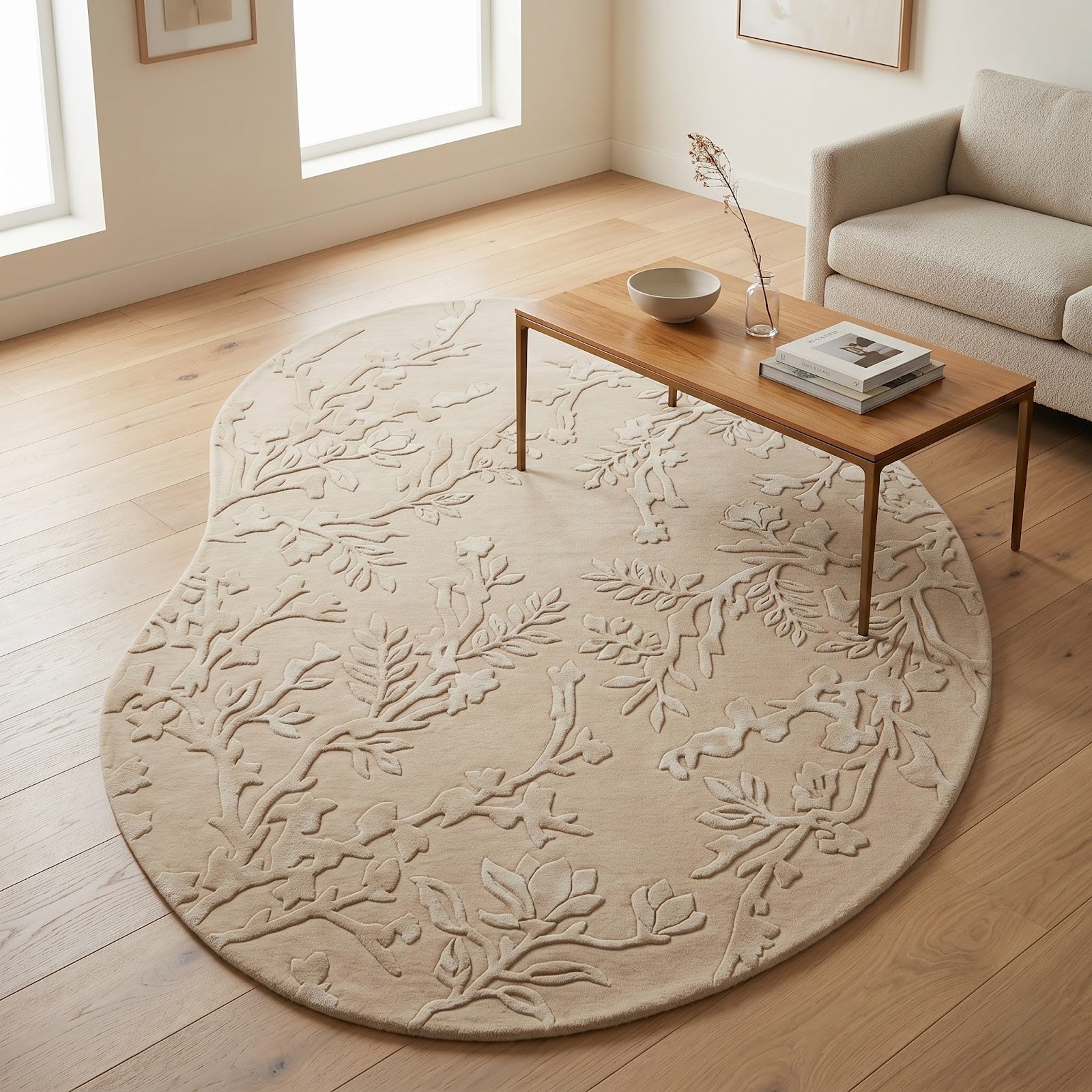 Oval Botanical Hand Tufted Wool Rug | Ivory Floral Vine Area Rug with Carved Texture — 2x3 ft'