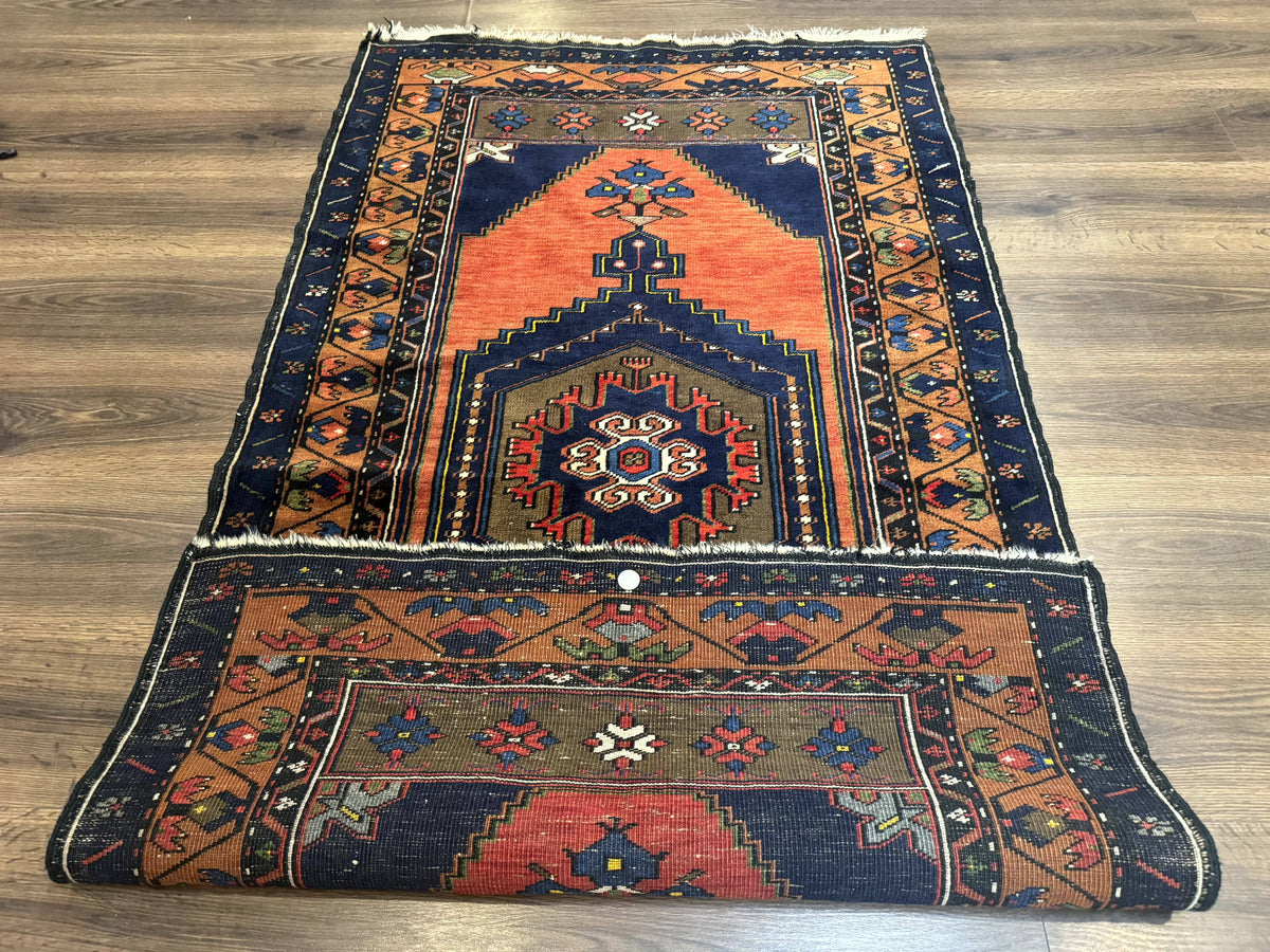 Persian Rug 3x6, Geometric Medallion, Village Tribal Rug, Terracotta and Navy Blue, Antique Nahavand Hamadan Rug - Jewel Rugs, view 12