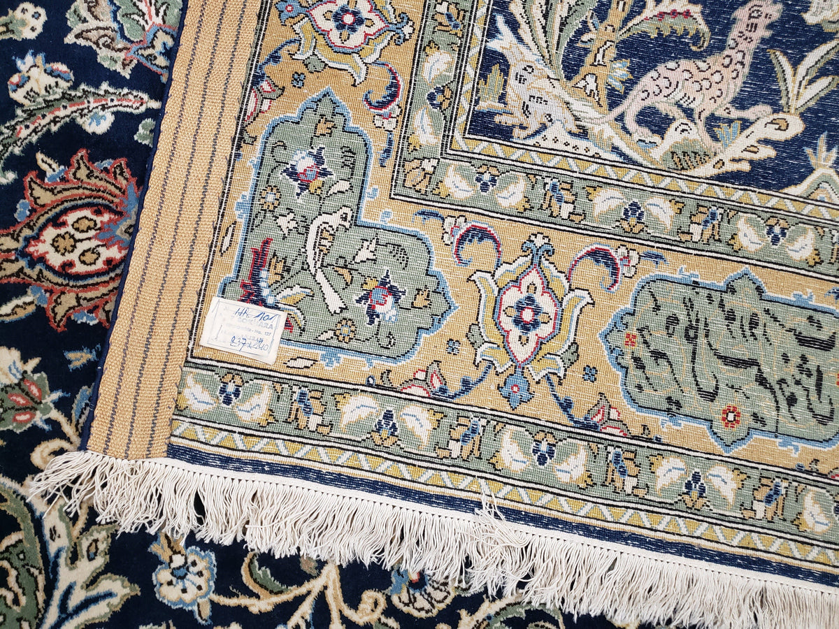 Semi Antique Persian Qum Tree of Life Rug, Hand-Knotted, Wool, Midnight Blue and Tan, Animal Pictorials, Written Poem in Borders, 4' 8" x 7' 8" - Jewel Rugs, view 10
