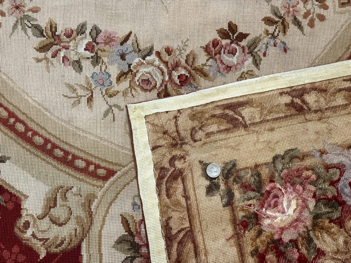 Aubusson Rug 8x11, Needlepoint Carpet, Red Ivory Beige, Vintage, French European Design - Jewel Rugs, view 11