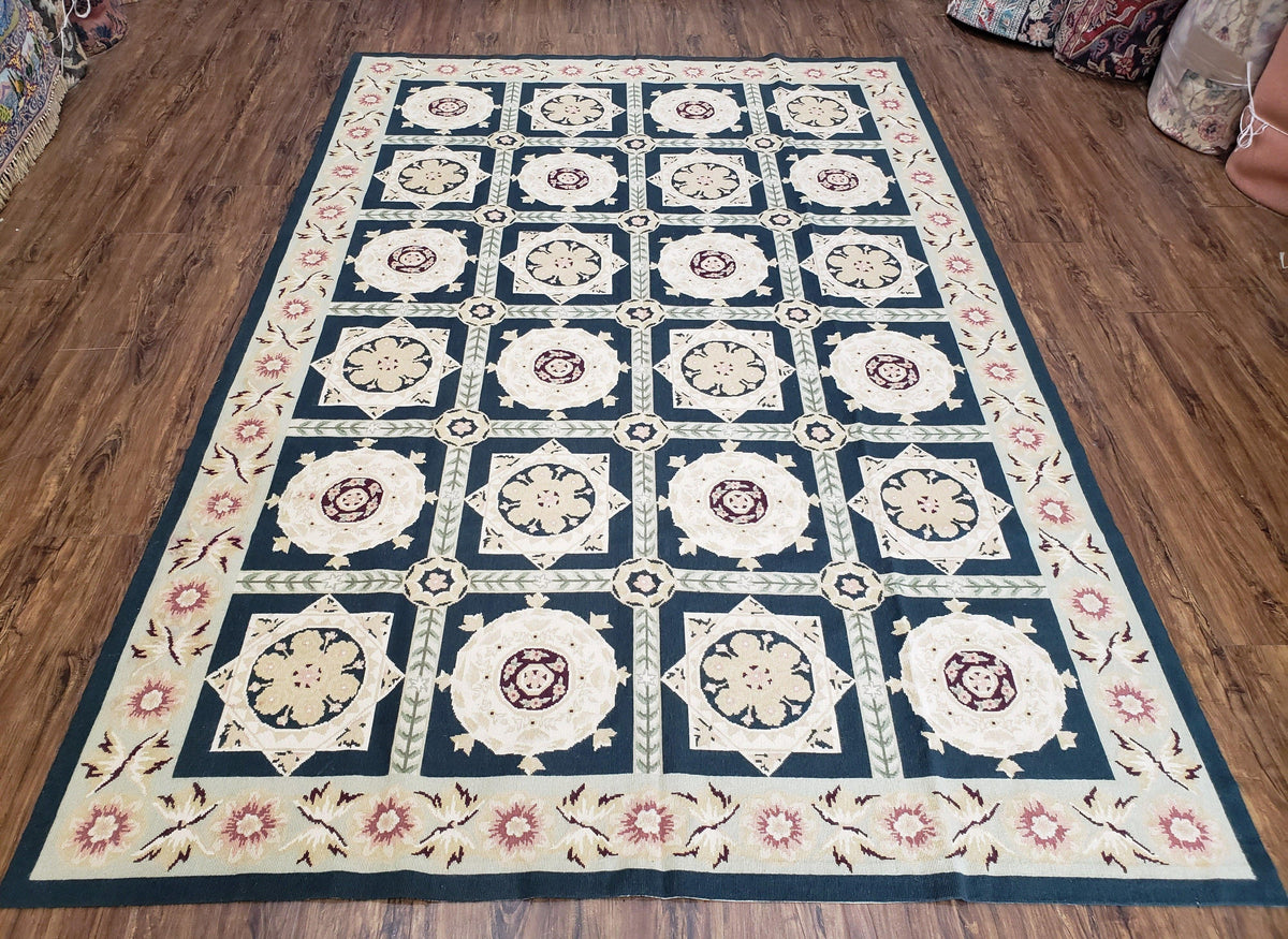 Vintage Chinese Needlepoint Rug 6x9, Panel Design Area Rug Wool Hand-Woven Black & Ivory Carpet Flat Weave Bedroom Rug 6 x 9 Living Room Rug - Jewel Rugs, view 2