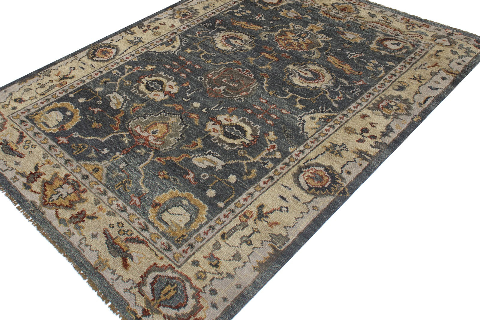 Vintage Persian Hand Knotted New Zealand Wool Rug | Charcoal Grey & Ivory Floral Area Rug — 2x3 ft'