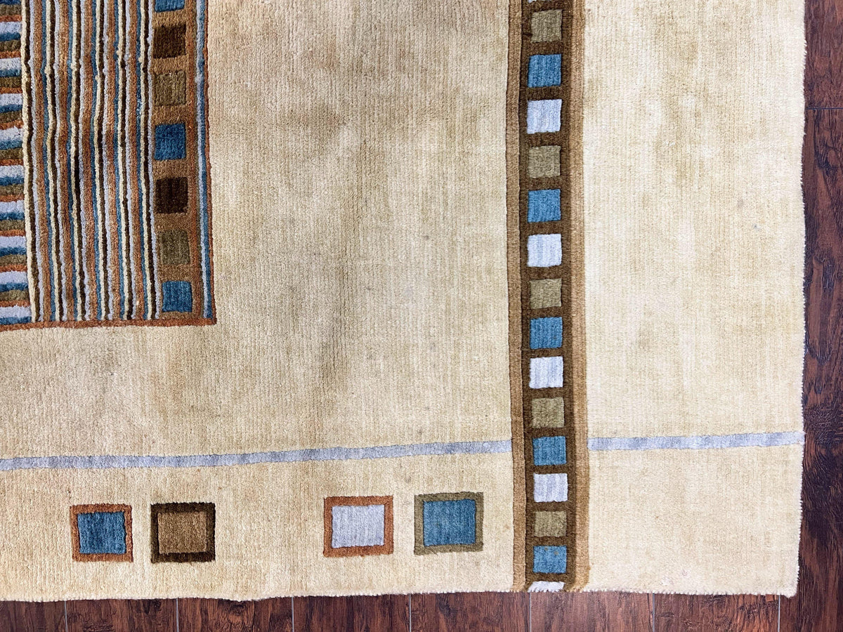Tibetan Rug 5x8, Contemporary Rug 5 x 8 ft, Cream Brown Blue Hand-Knotted Wool w/ Silk Highlights Tibetan Carpet, Modern Rug - Jewel Rugs, view 10
