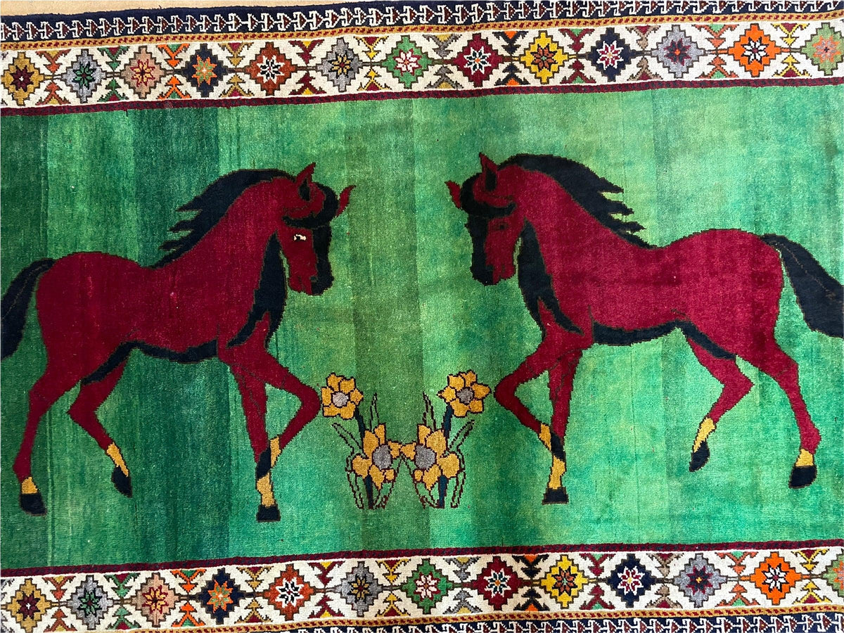 4 X 7 Handmade Rug Zagros Quality Wool Pictorial Horses Green Butterfly Colorful - Jewel Rugs, view 3