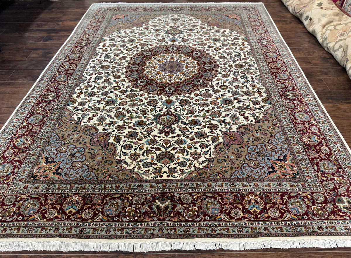 Persian Tabriz Rug 8x11, Floral Medallion Traditional Area Rug, Fine 300 KPSI, Ivory Maroon - Jewel Rugs