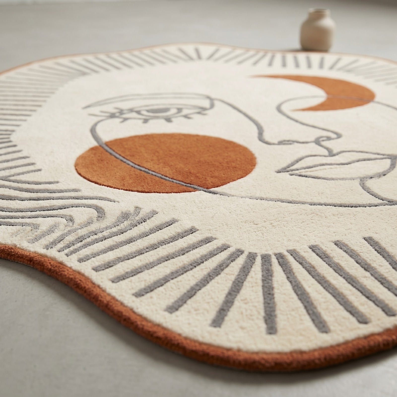 Celestial Face Hand Tufted Wool Rug | Ivory & Terracotta Abstract Art Irregular Shape Area Rug — 2x3 ft'
