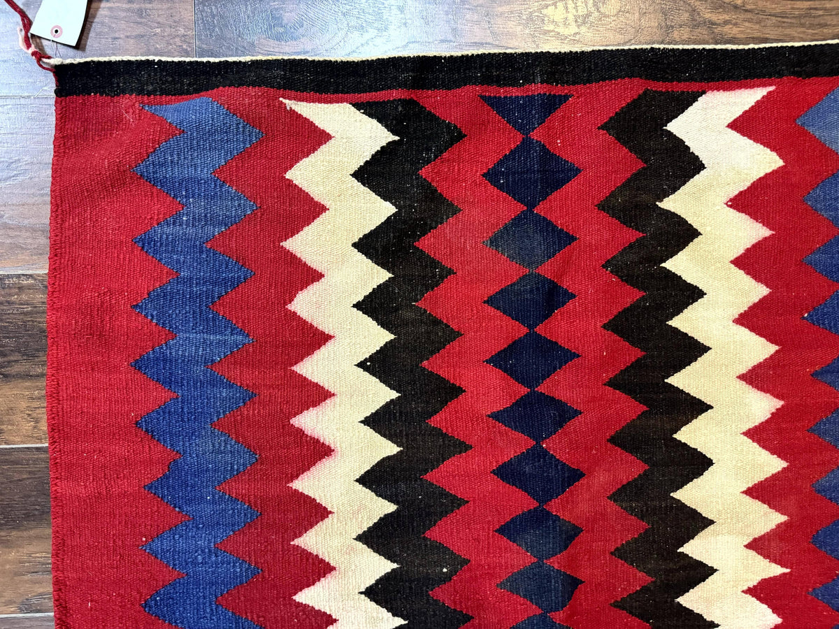 Antique Navajo Rug 3.7 x 2.8, Red Ivory Blue, Zig Zag Pattern, Handmade, Wool - Jewel Rugs, view 6
