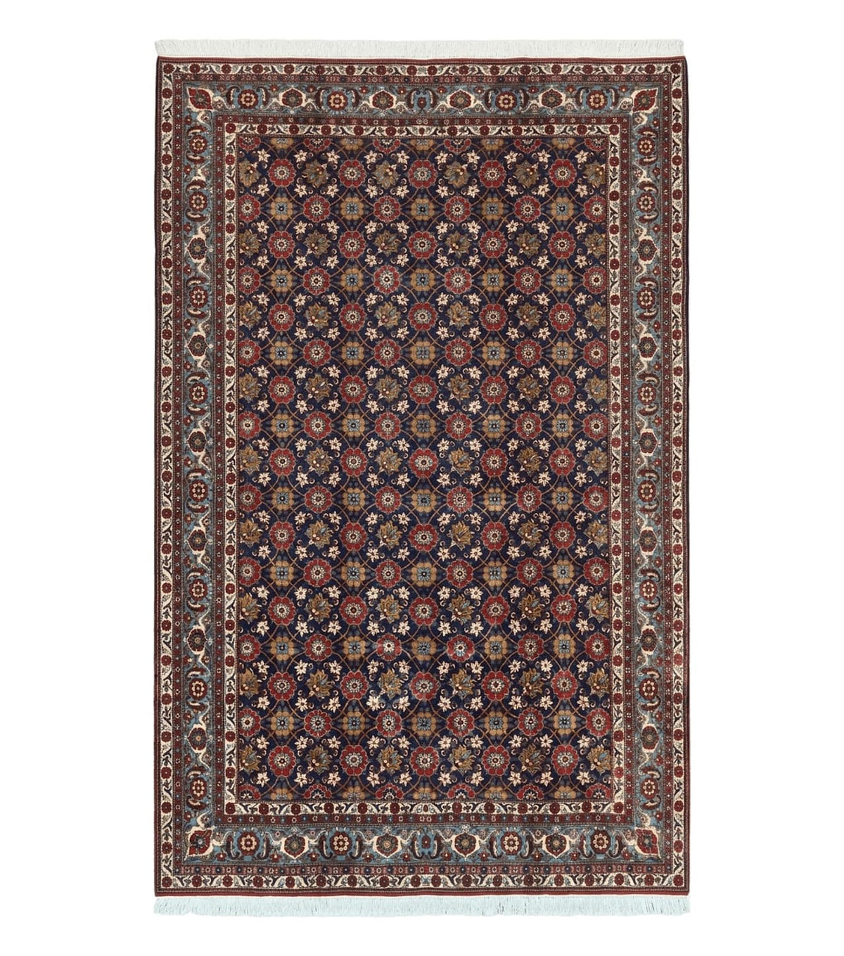Persian Veramin Rug 7x11, Repeated Allover Pattern, Handmade Vintage Carpet, Navy Blue - Jewel Rugs