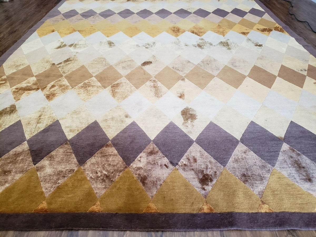 Modern Tibetan Rug 8.6 x 11, Wool and Silk, Multicolor, Diamond Panel Design - Jewel Rugs, view 5