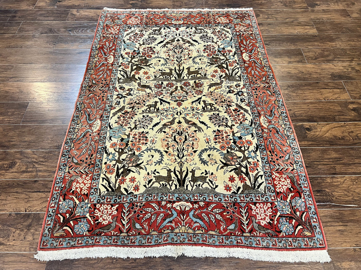 Persian Tree of Life 5x7, Qum Rug, Animal Motifs, Deer Birds, Fine 225 KPSI, Semi Antique Wool Rug, Cream Red - Jewel Rugs, view 2