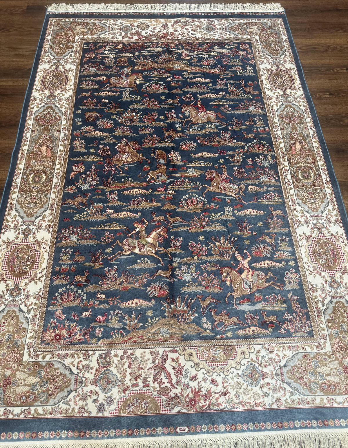 Turkish Silk Rug 5x8, Hunting Design, Animal Pictorials, Steel Blue & Ivory, Bamboo Silk - Jewel Rugs, view 9