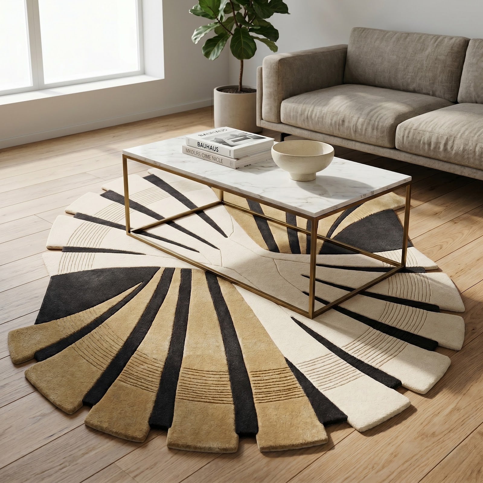 Sunburst Hand Tufted Wool Rug | Sculptural Beige, Ivory & Charcoal Modern Statement Area Rug — 2x3 ft'