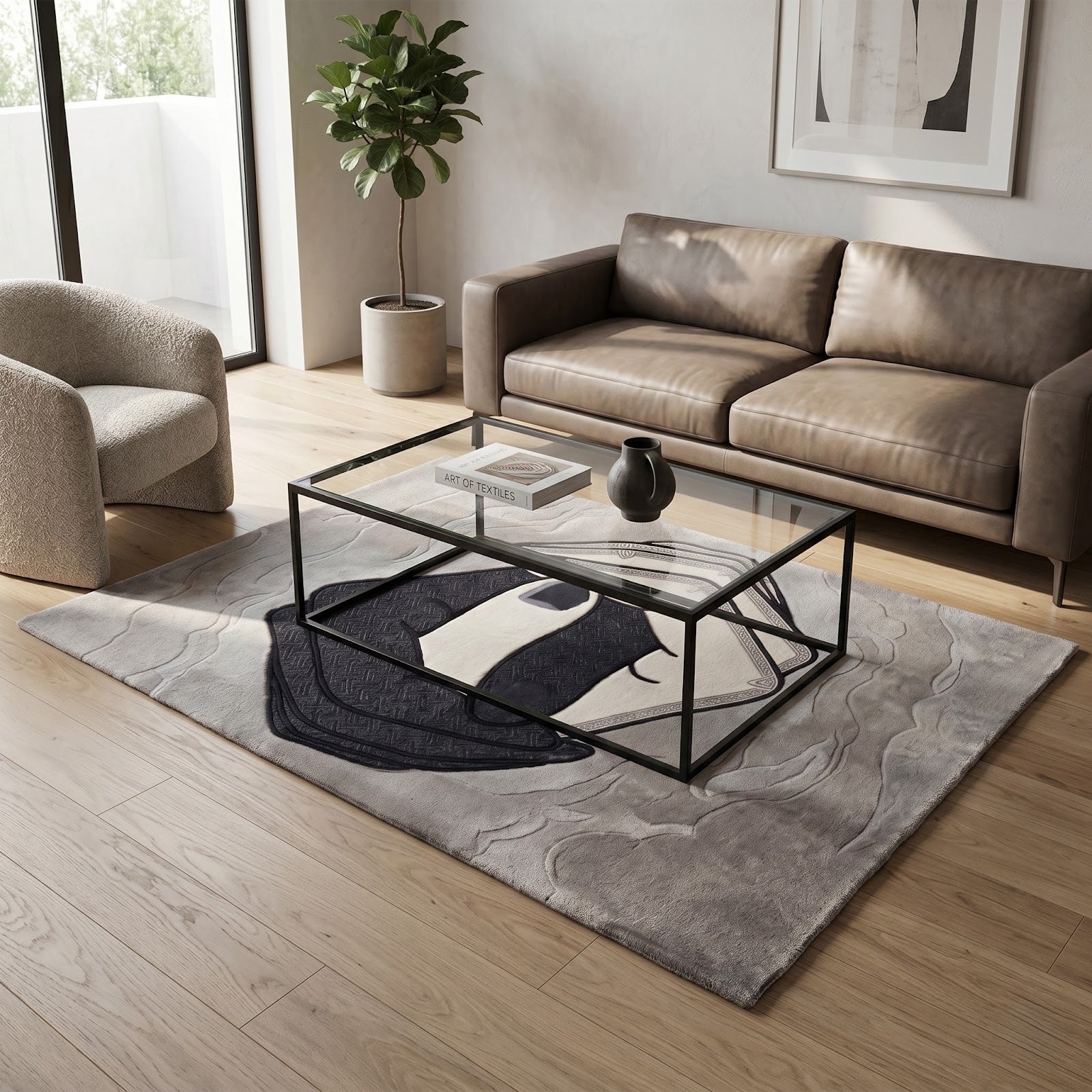 Abstract Hand Tufted Wool Rug | Modern Monochrome Art Rug with Interlocking Hands Design — 2x3 ft'