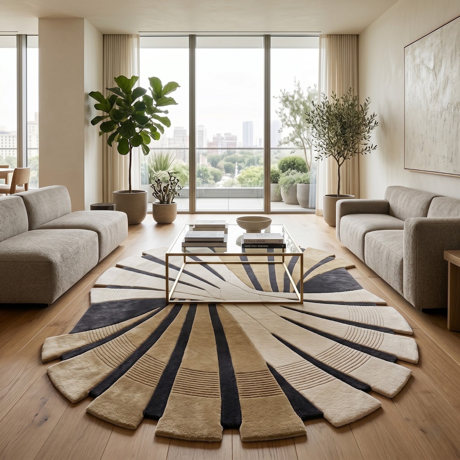 Sunburst Hand Tufted Wool Rug | Sculptural Beige, Ivory & Charcoal Modern Statement Area Rug — 2x3 ft'