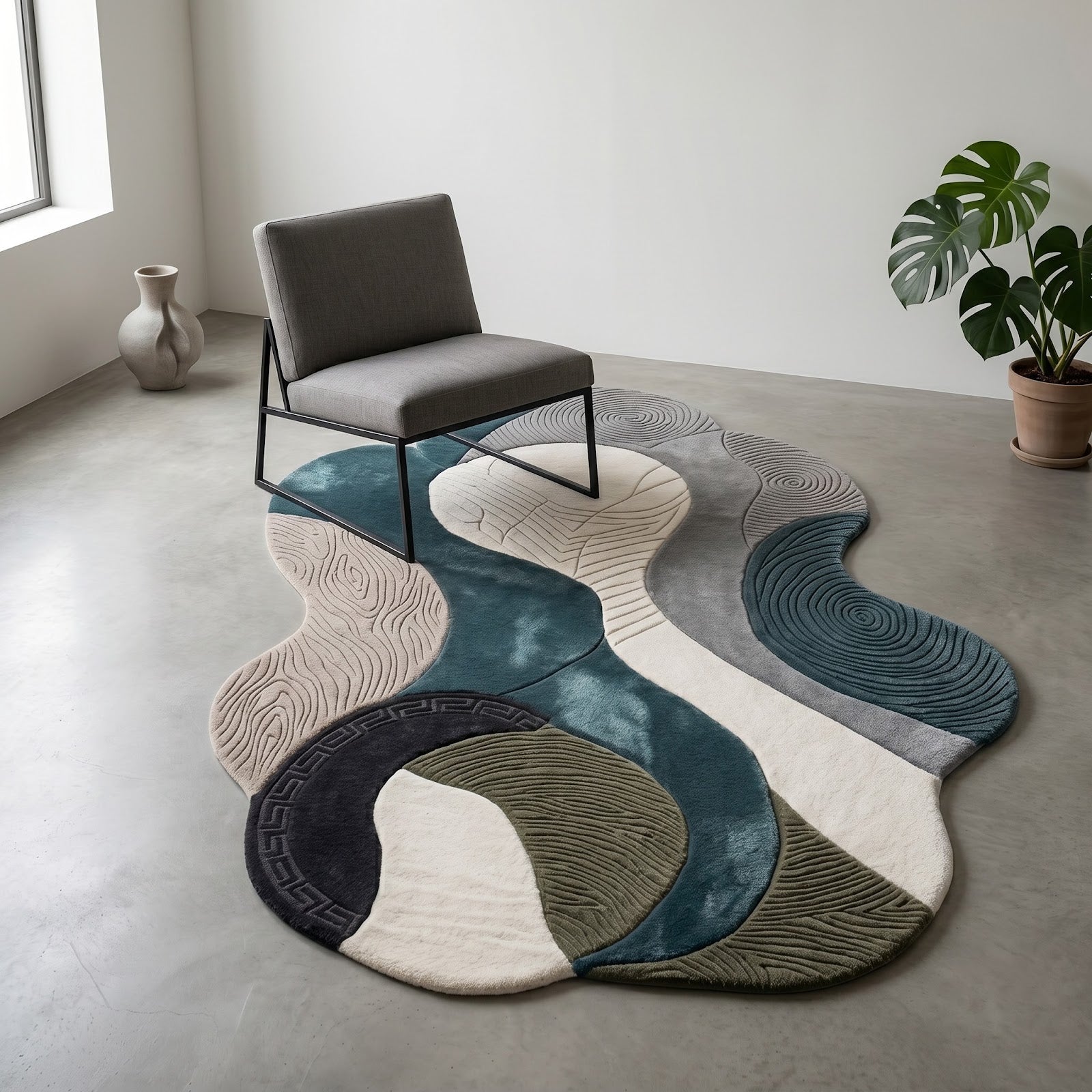 Irregular Abstract Hand Tufted Wool Rug | Organic Sculptural Area Rug in Teal, Grey & Ivory — 2x3 ft'