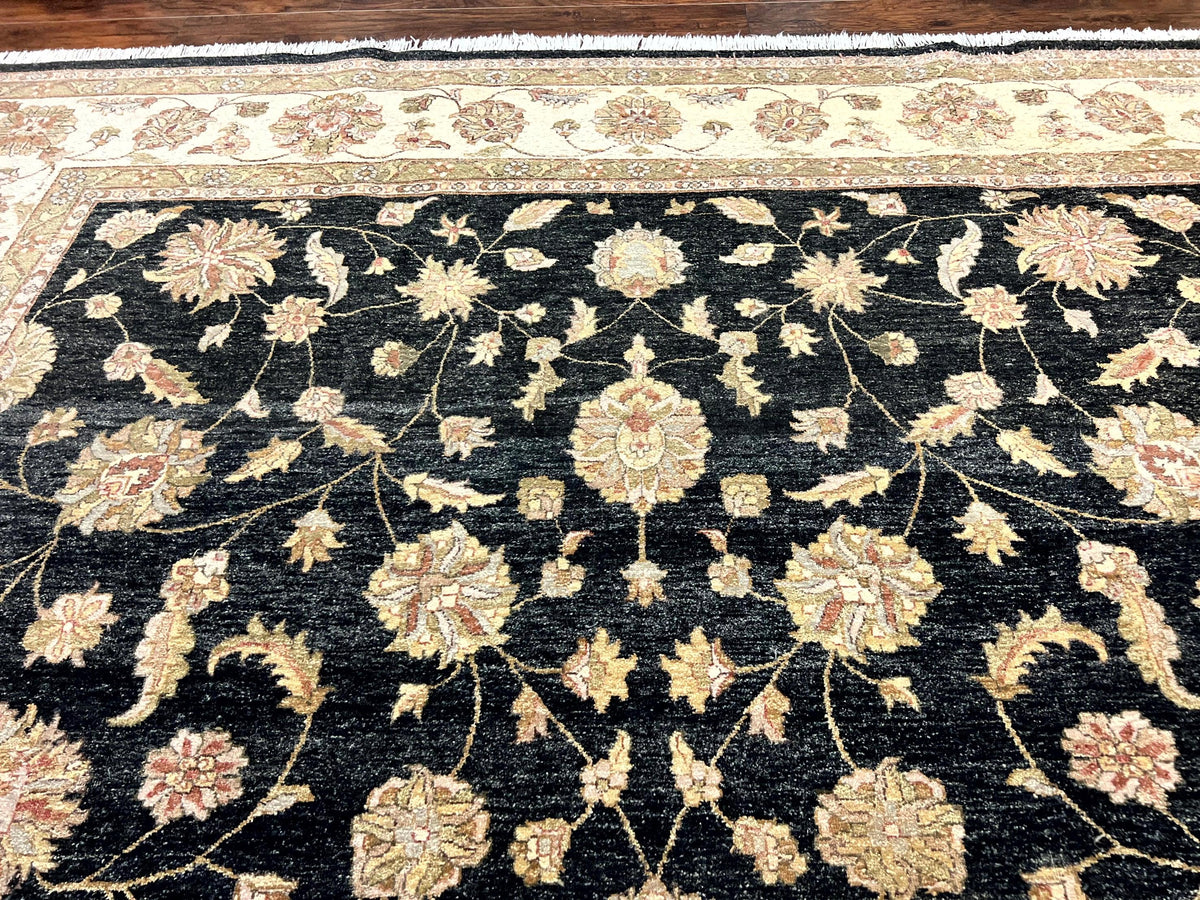 Indo Persian Rug 10x14, Charcoal and Beige, Floral Allover, Handmade Vintage Wool Carpet - Jewel Rugs, view 4