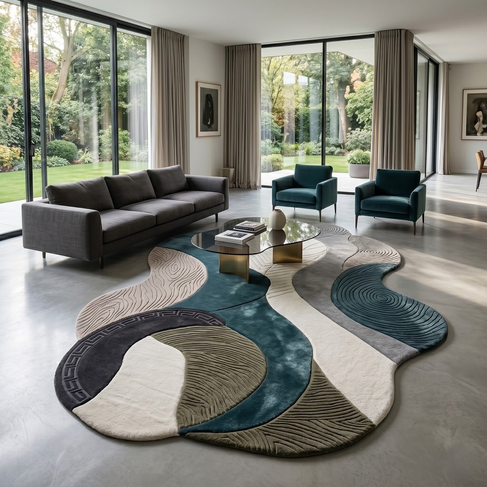 Irregular Abstract Hand Tufted Wool Rug | Organic Sculptural Area Rug in Teal, Grey & Ivory — 2x3 ft'