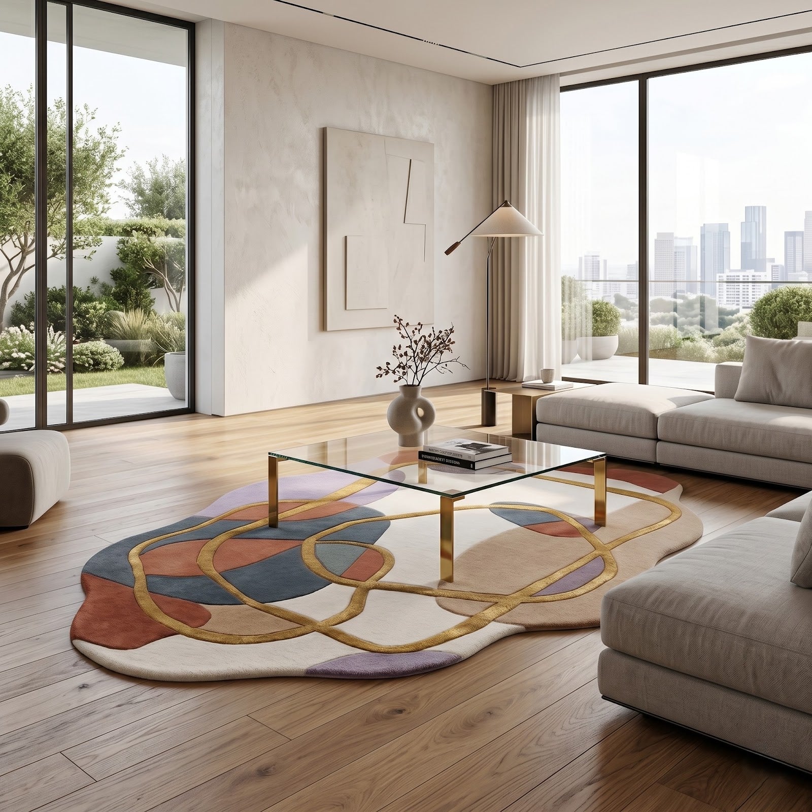 Irregular Abstract Hand Tufted Wool Rug | Modern Organic Shape Area Rug with Gold Line Art — 2x3 ft'