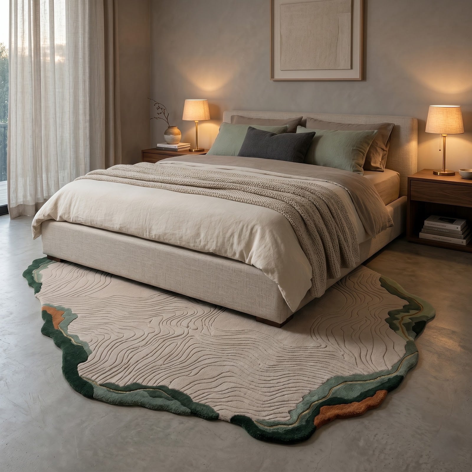Organic Contour Hand Tufted Wool Rug | Irregular Topographic Area Rug in Ivory Green & Terracotta — 2x3 ft'