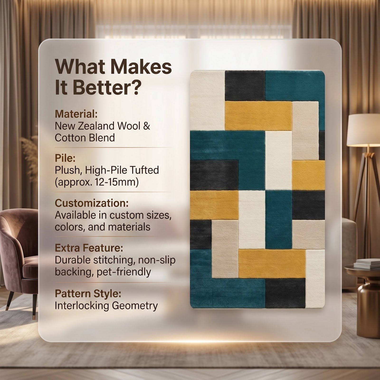 Modern Geometric Hand Tufted Wool Rug | Teal Mustard Abstract Area Rug — 2x3 ft'