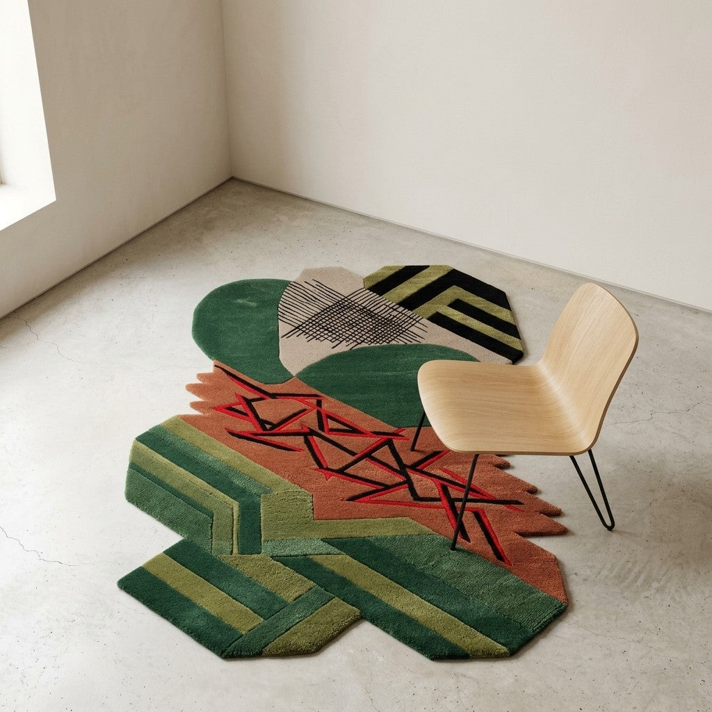 Abstract Geometric Hand Tufted Wool & Viscose Rug | Green Terracotta Modern Artistic Irregular Shape Area Rug — 2x3 ft'