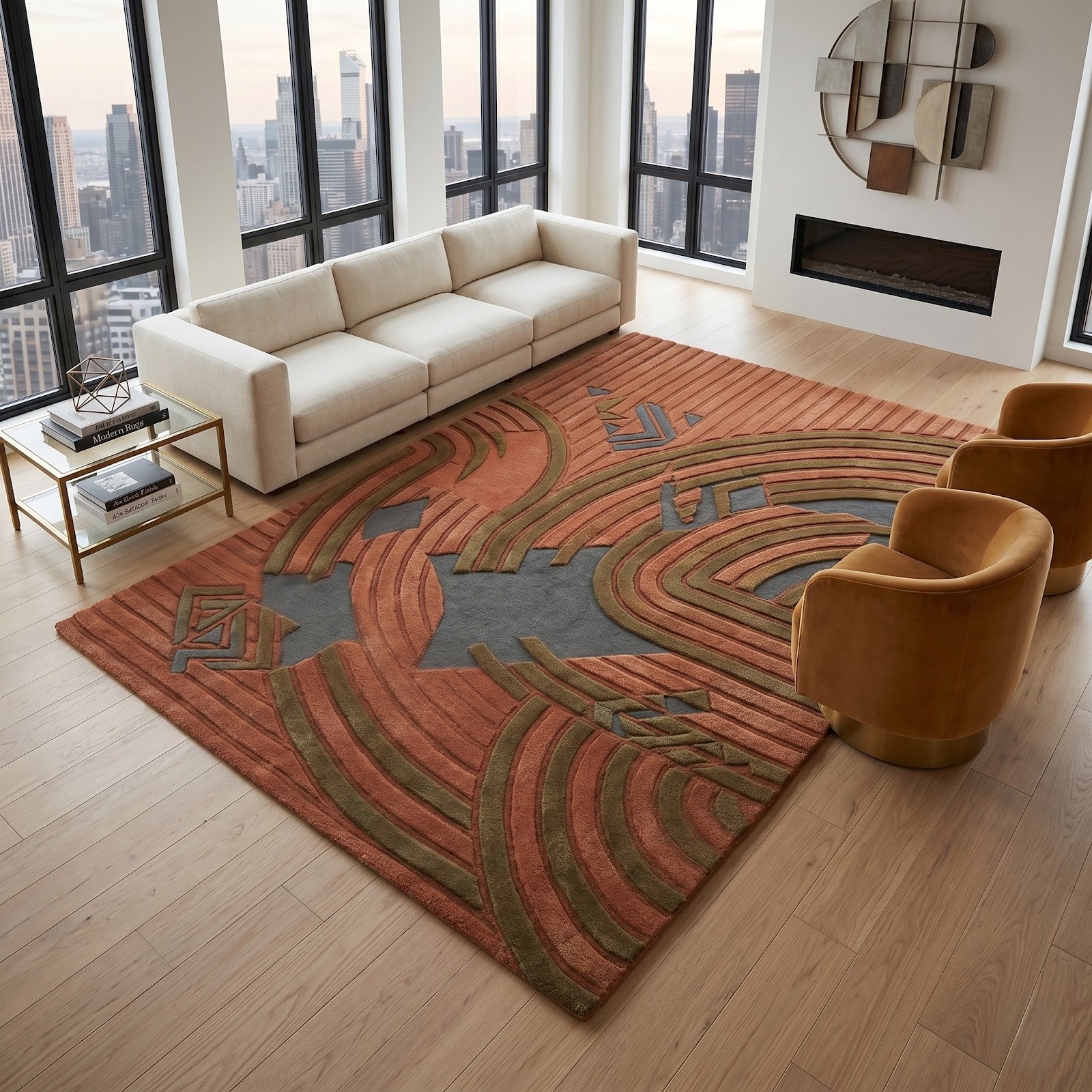 Art Deco Archways Hand Tufted Wool Rug | Terracotta & Slate Blue Geometric Area Rug — 2x3 ft'