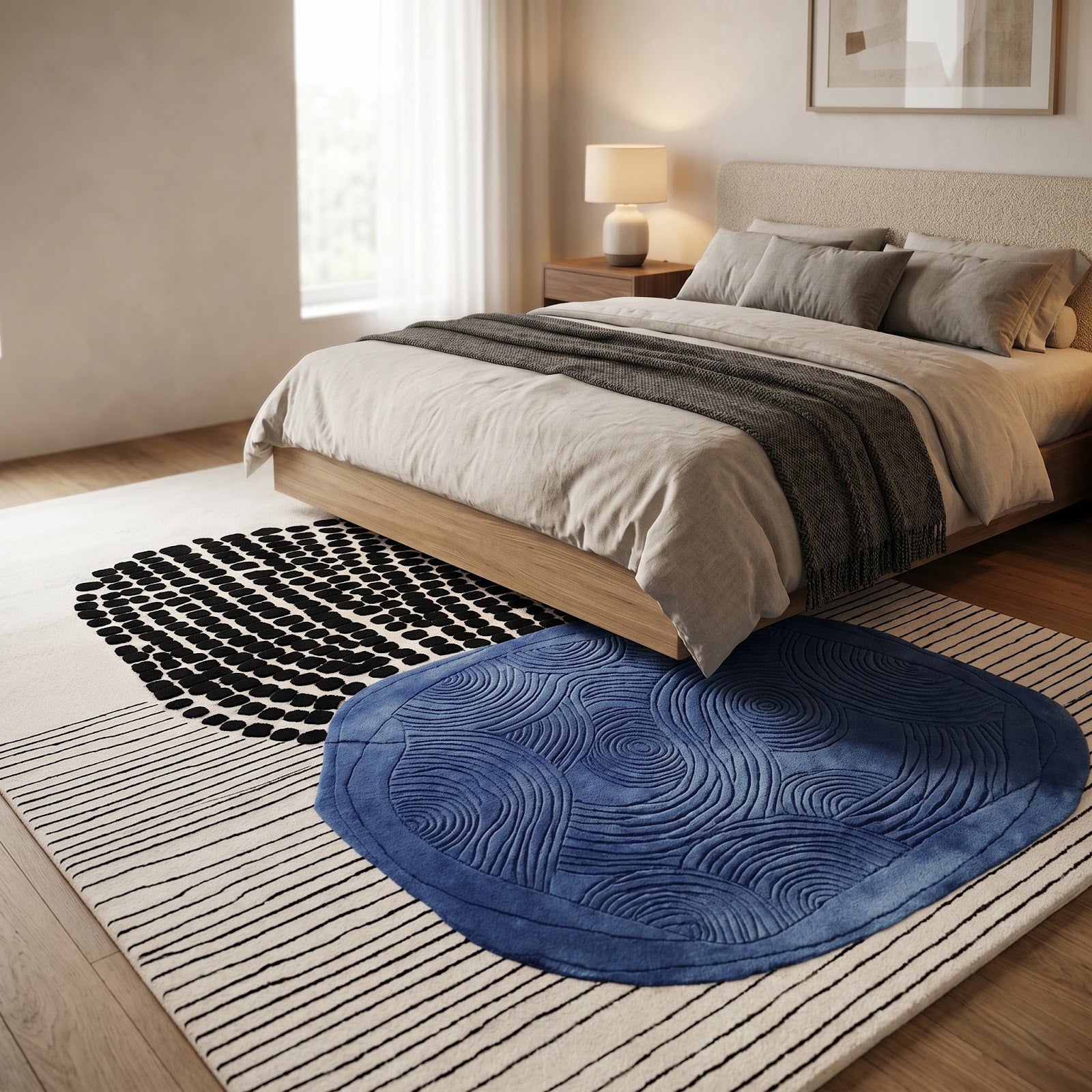 Abstract Modern Hand Tufted Wool & Viscose Rug | Ivory, Cobalt Blue & Black Artistic Statement Area Rug — 2x3 ft'
