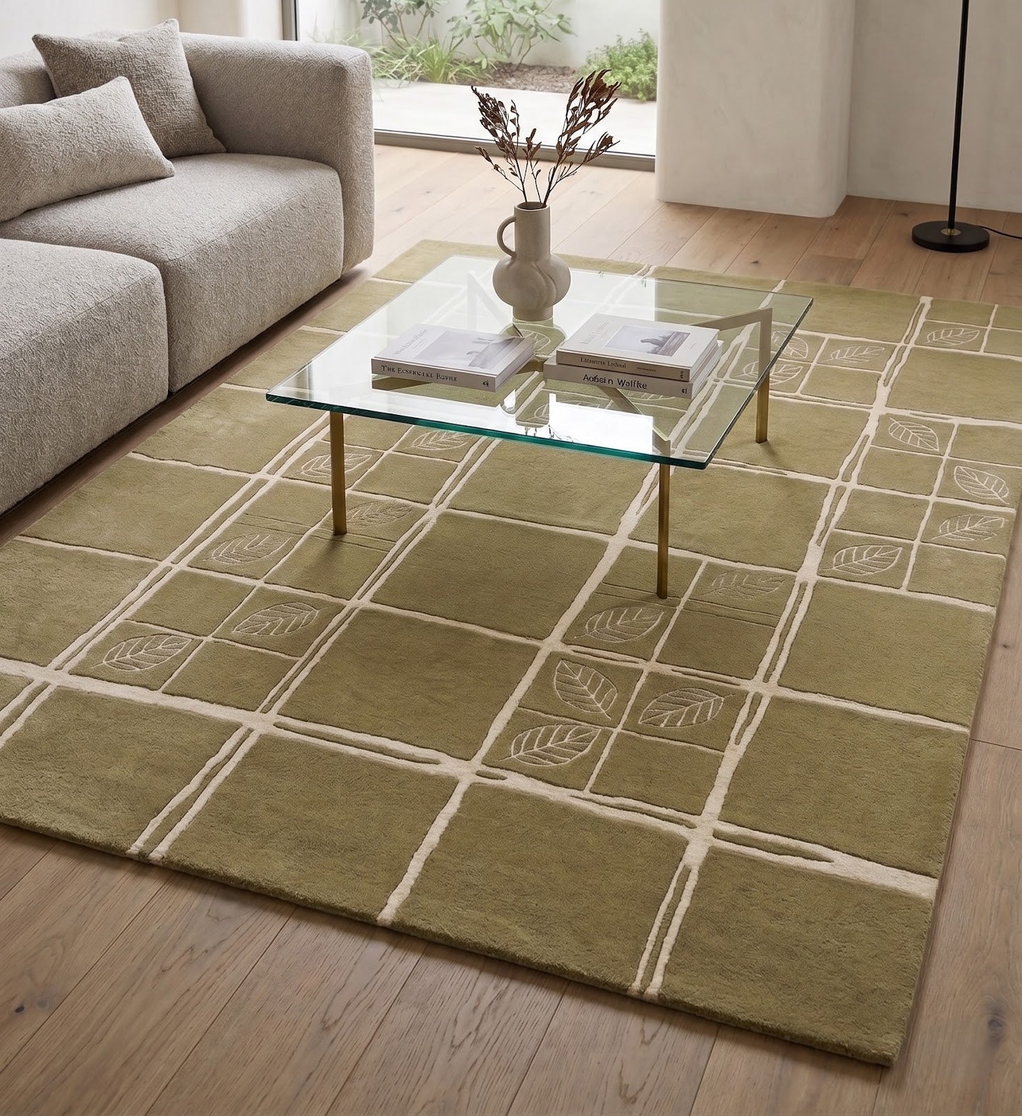 Nature Grid Hand Tufted Wool Rug | Sage Green & Ivory Botanical Geometric Area Rug — 2x3 ft'